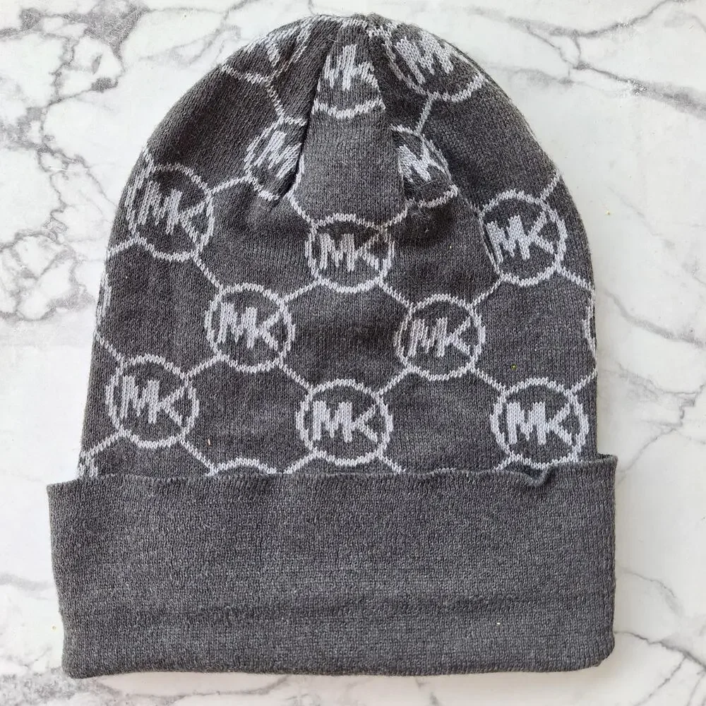 Michael Kors Signature Monogram logo print slouchy knit beanie hat gray cozy